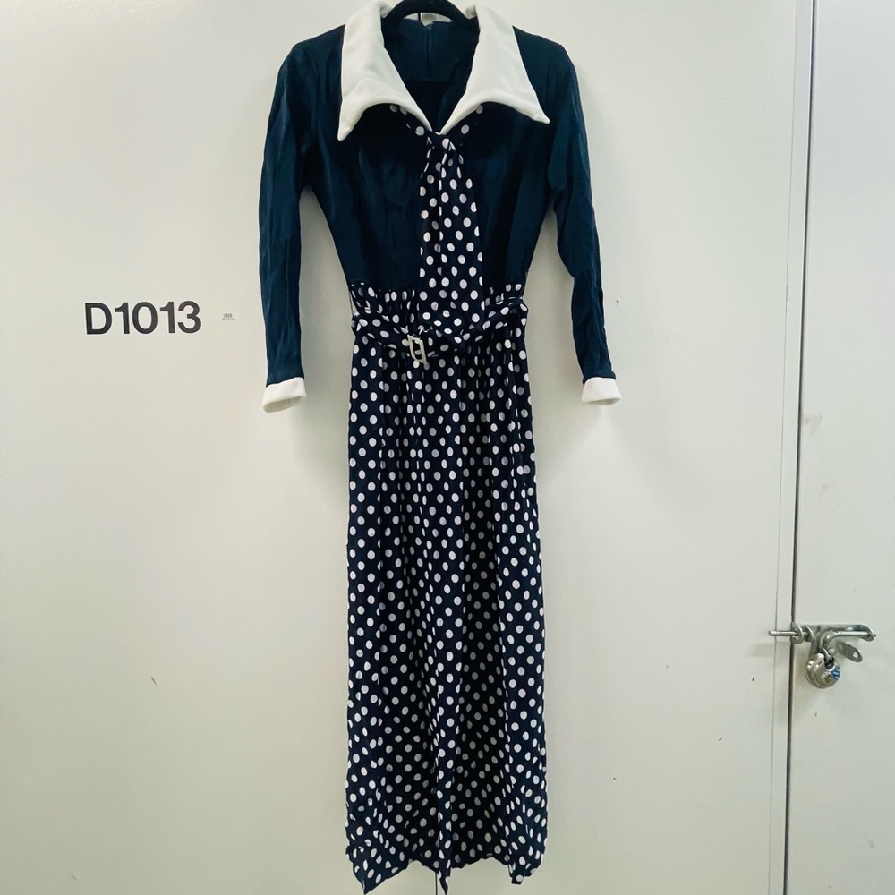 vintage 70s navy polka dot sailor maxi dress